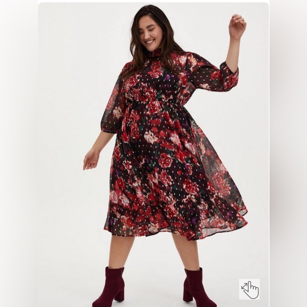 Burgundy Purple Floral Chiffon Mock Neck Midi Dress
